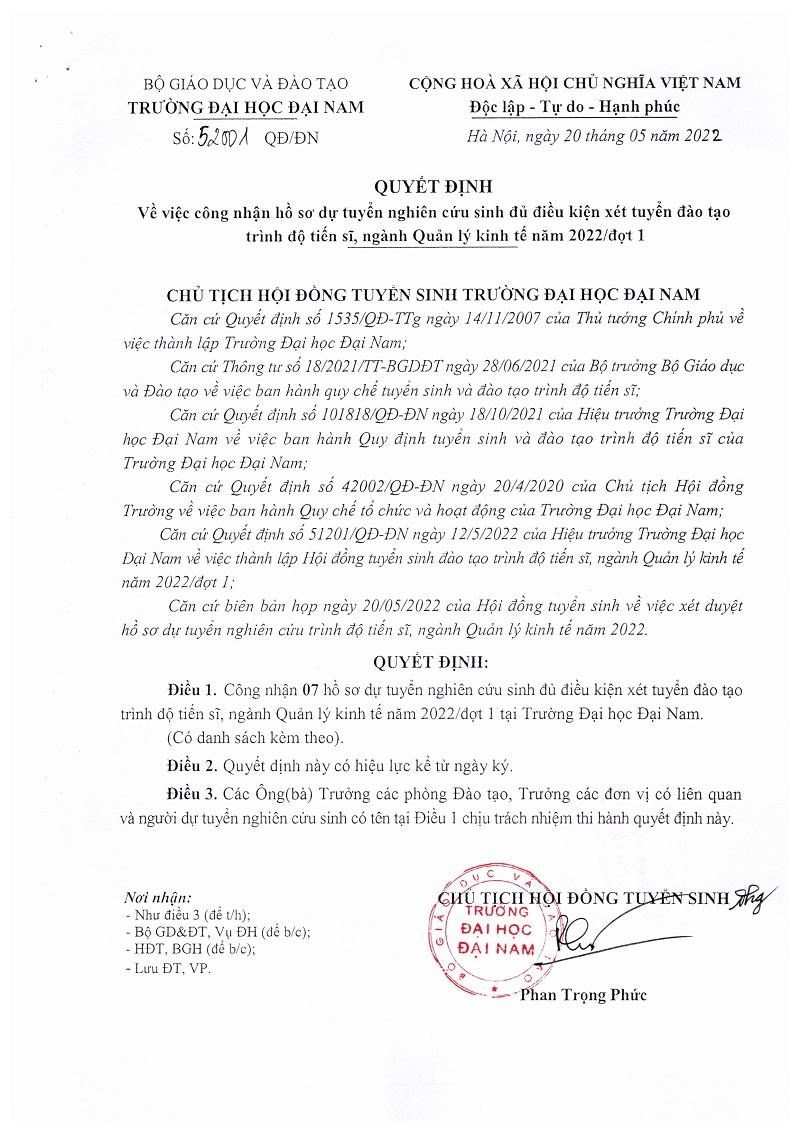 Quyết định về việc công nhận hồ sơ dự tuyển nghiên cứu sinh đủ điều kiện xét tuyển đào tạo trình độ tiến sĩ, ngành Quản lý Kinh tế năm 2022/đợt 1