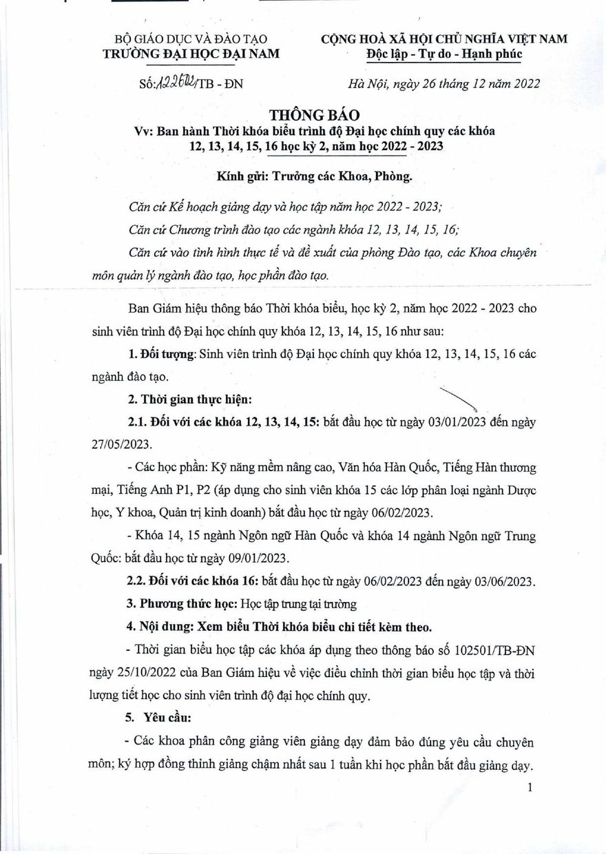 Thời khóa biểu trình độ đại học chính quy các khóa 12, 13, 14, 15, 16 học kỳ II năm học 2022-2023
