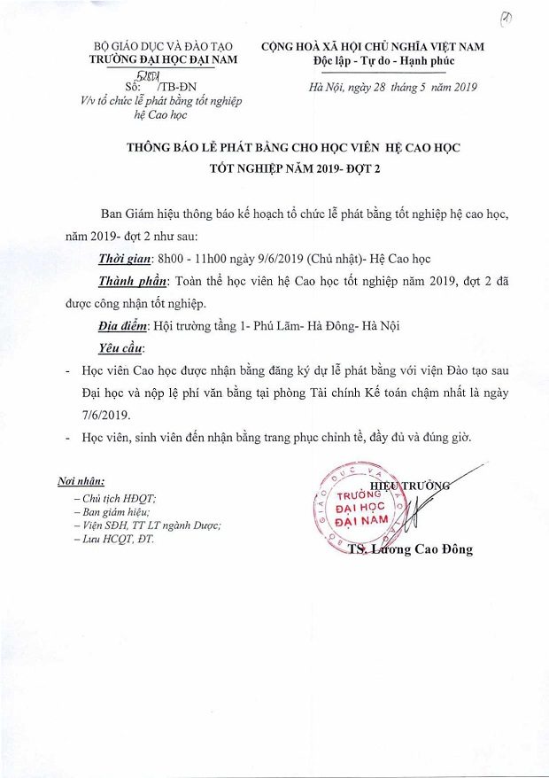 Thông báo lễ phát bằng cho học viên hệ cao học tốt nghiệp năm 2019 - Đợt 2