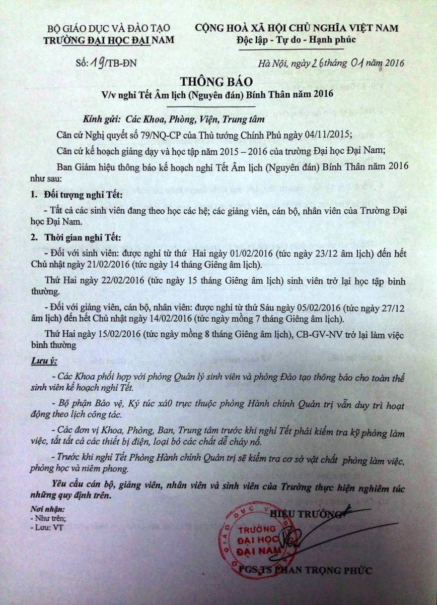 Thông báo V/v nghỉ Tết Âm lịch (Nguyên đán) Bính Thân năm 2016.